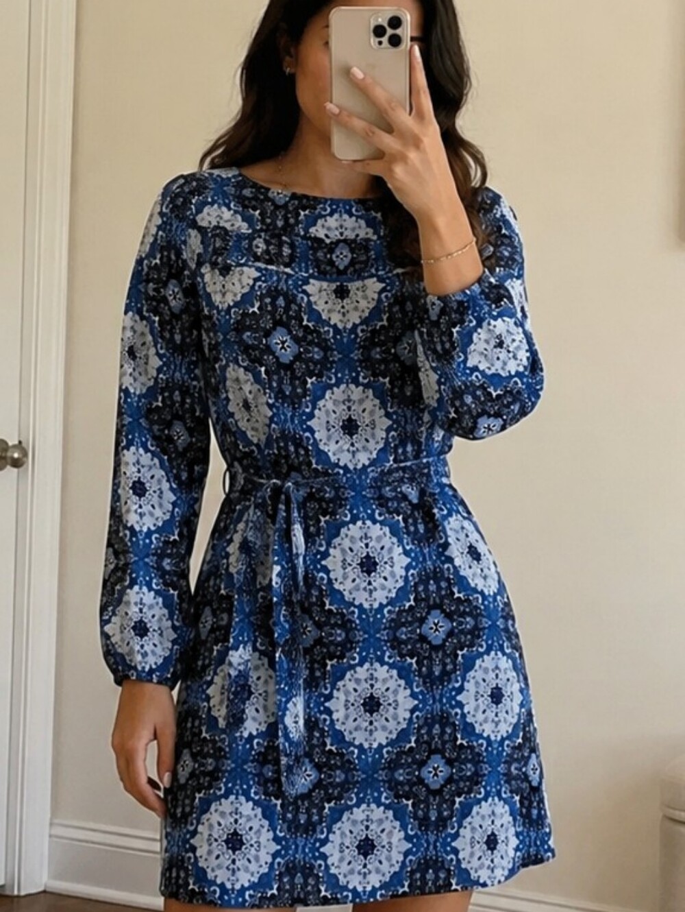 LOFT Blue Patterned Long-Sleeve Tie-Waist Mini Dress